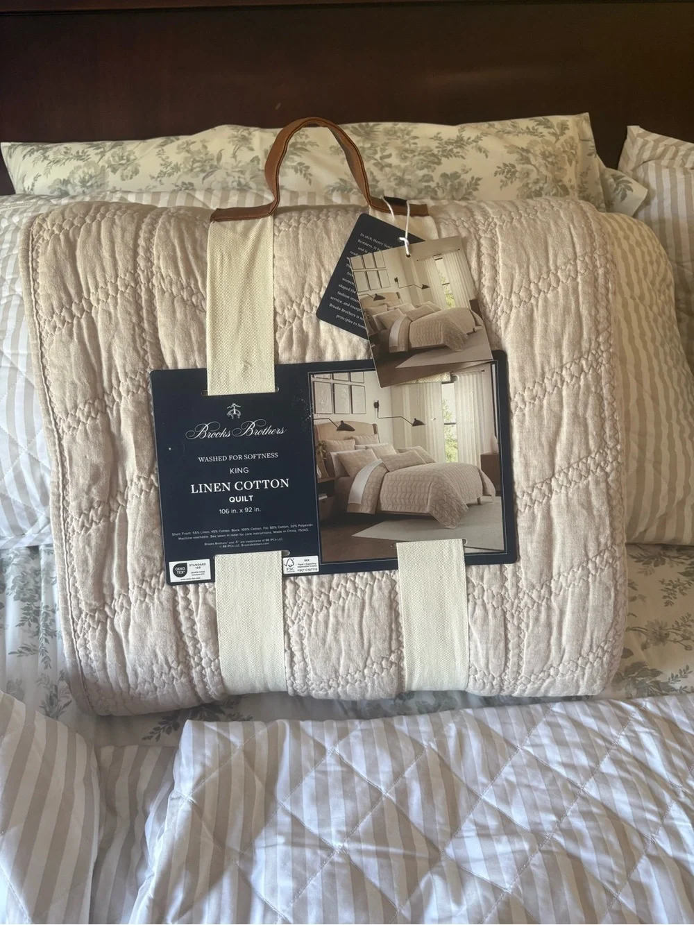 Brooks Brothers King Size Washed Linen Cotton Quilt Beige Neutral Stitch NWT